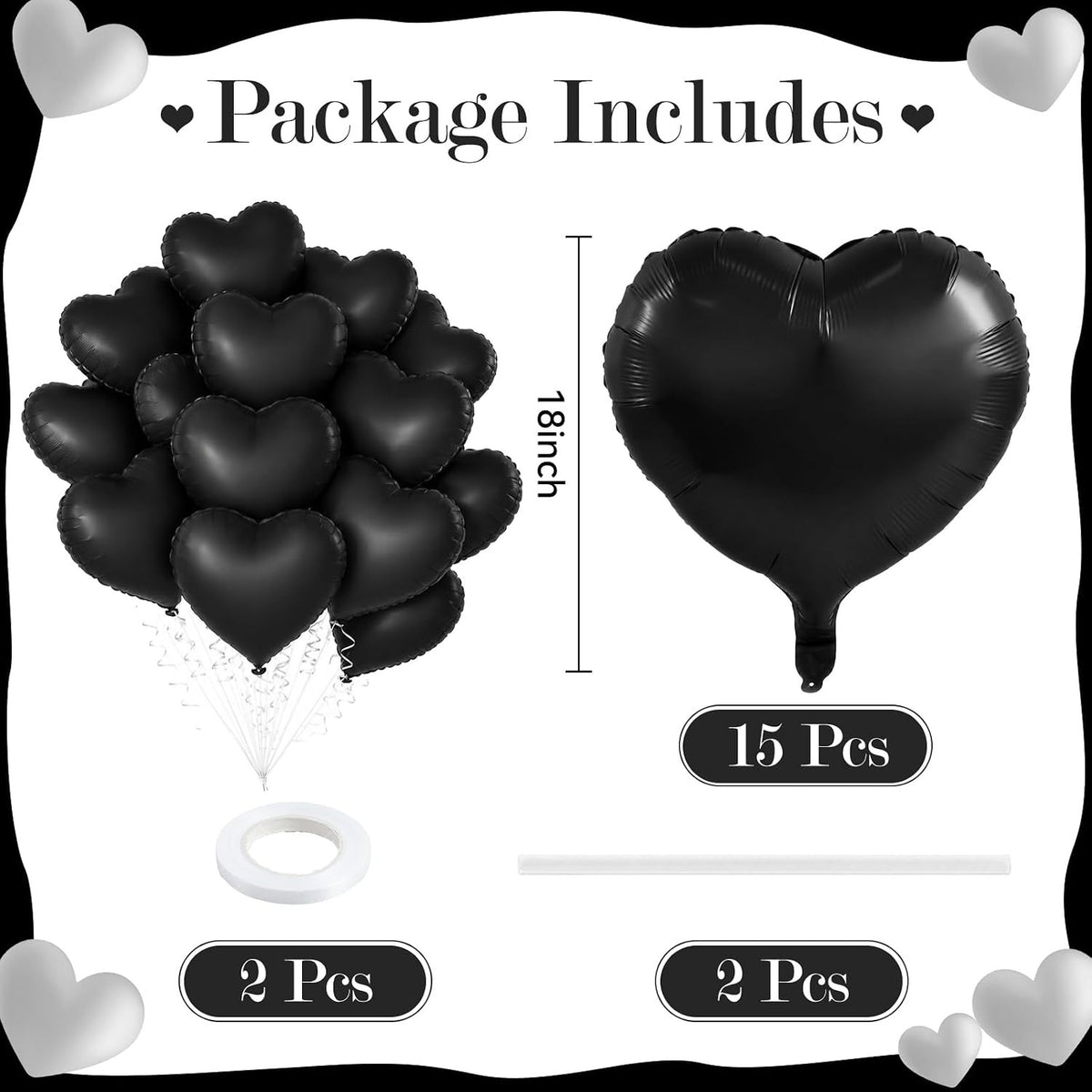 Black heart-shaped foil balloon package including a cluster of 15 balloons, 2 pieces of white string, and a white mounting ring, shown with text labels and dimensions on a white background with black border.