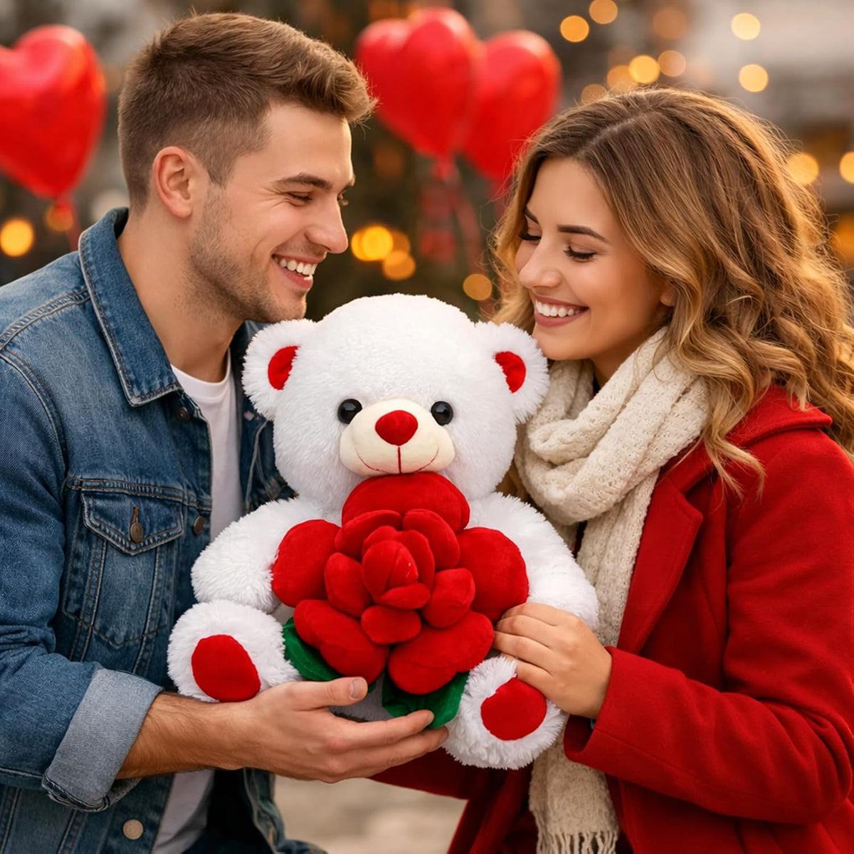 Couple holding a teddy bear with red roses against a festive background