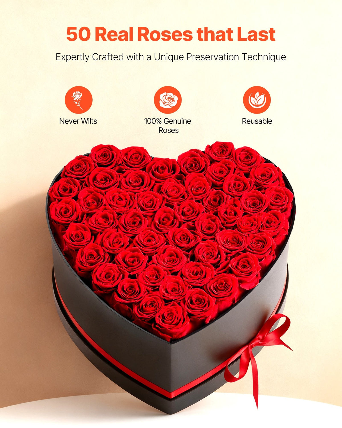 50-Piece Preserved Real Rose Heart Box