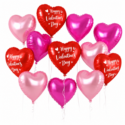 A set of metallic heart-shaped foil balloons in shades of red, pink, and light pink, with some balloons printed with the white text 'Happy Valentine's Day'.