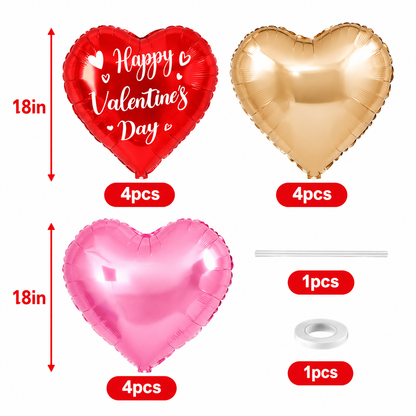 Three heart-shaped foil balloons in red, gold, and pink, each labeled 'Happy Valentine's Day' or generic heart design, shown with quantity labels '4pcs' and a small accessory panel showing tape and a stick as '1pcs' on a white background.