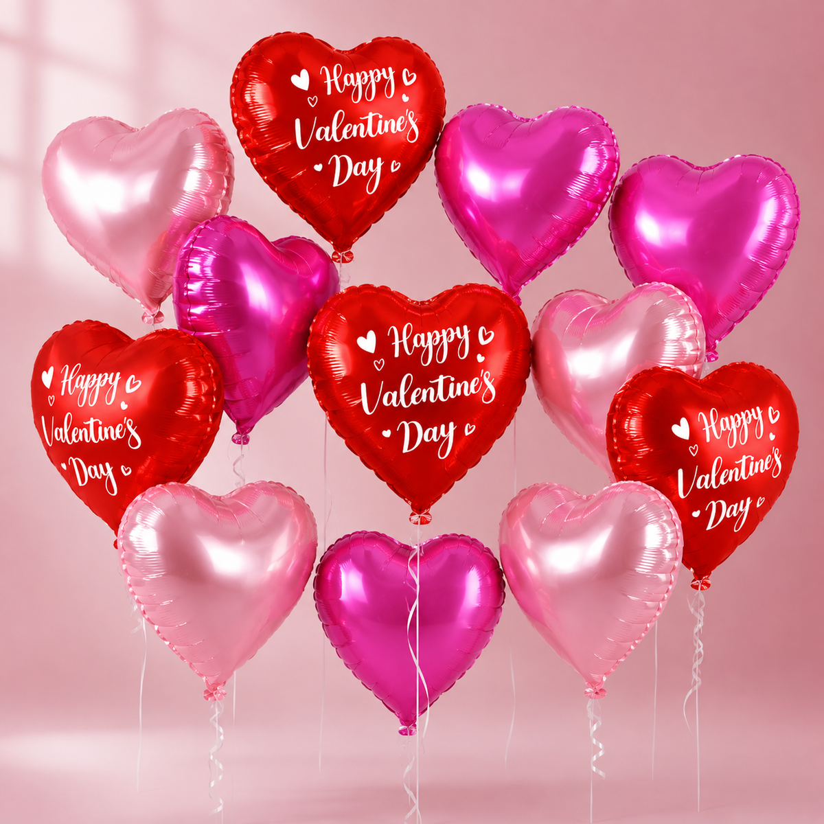 A cluster of metallic heart-shaped foil balloons in shades of red, pink, and light pink, each printed with the white text 'Happy Valentine's Day' and small heart details, set against a soft pink background.