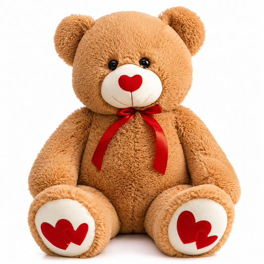 A brown plush teddy bear sitting upright on a white background, with a white snout and paw pads, red heart details on the nose, cheeks, and paw prints, and a red satin bow around the neck.