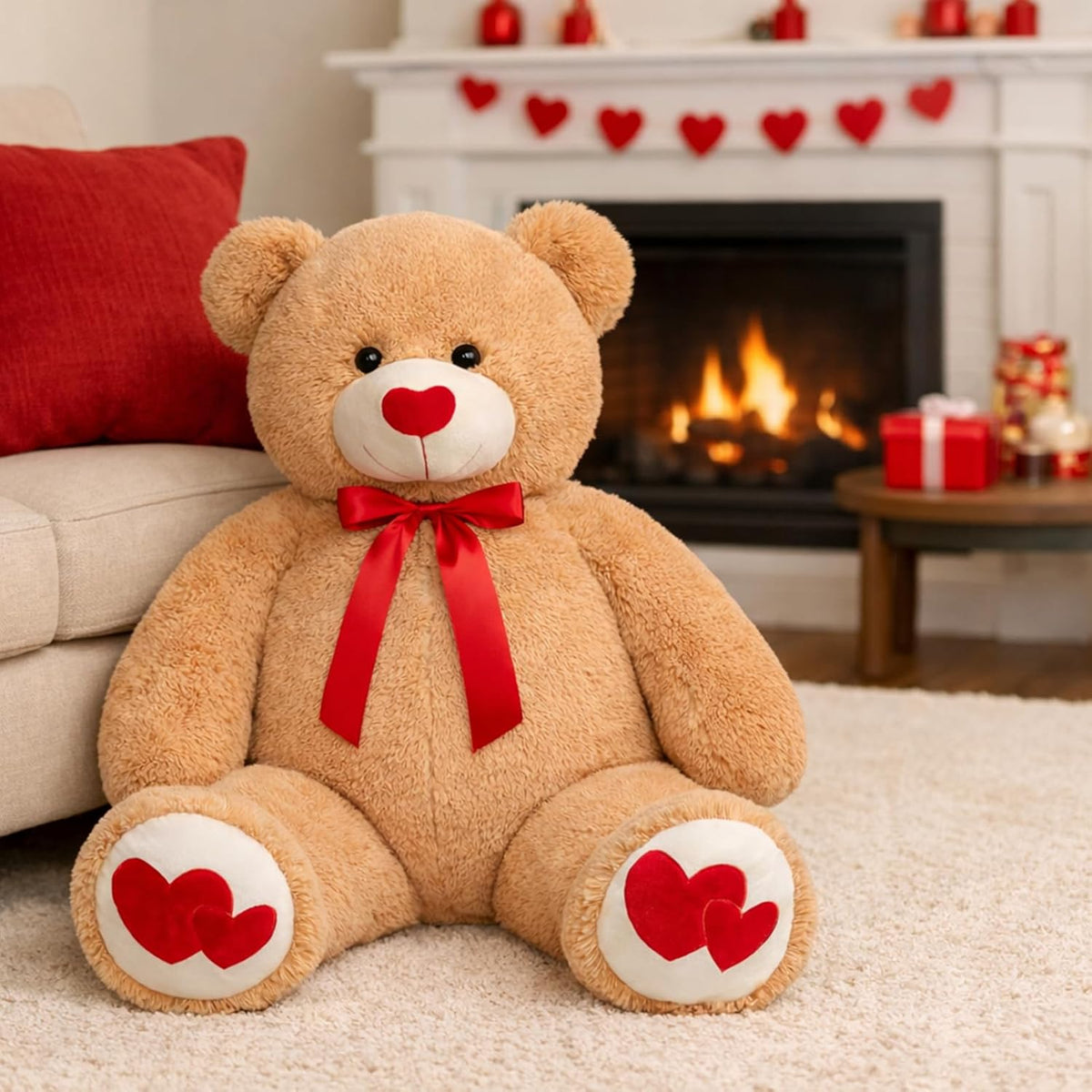 Large teddy bear with red bow and hearts in a cozy living room with a fireplace.