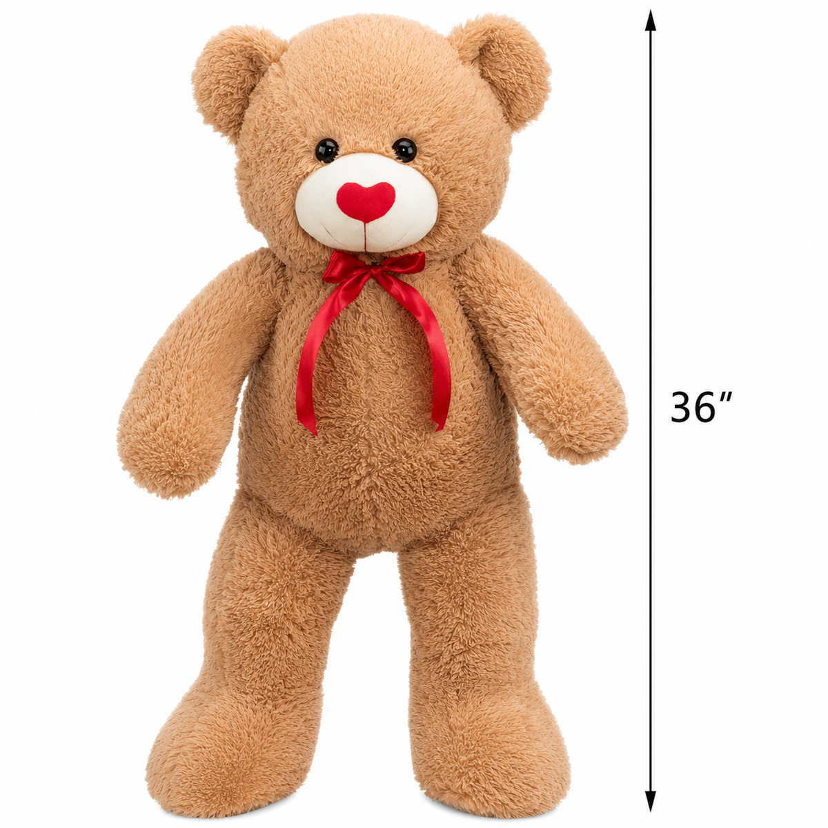 A brown plush teddy bear standing against a white background, with a red ribbon bow at its neck and a vertical height marker on the right labeled 36 inches.