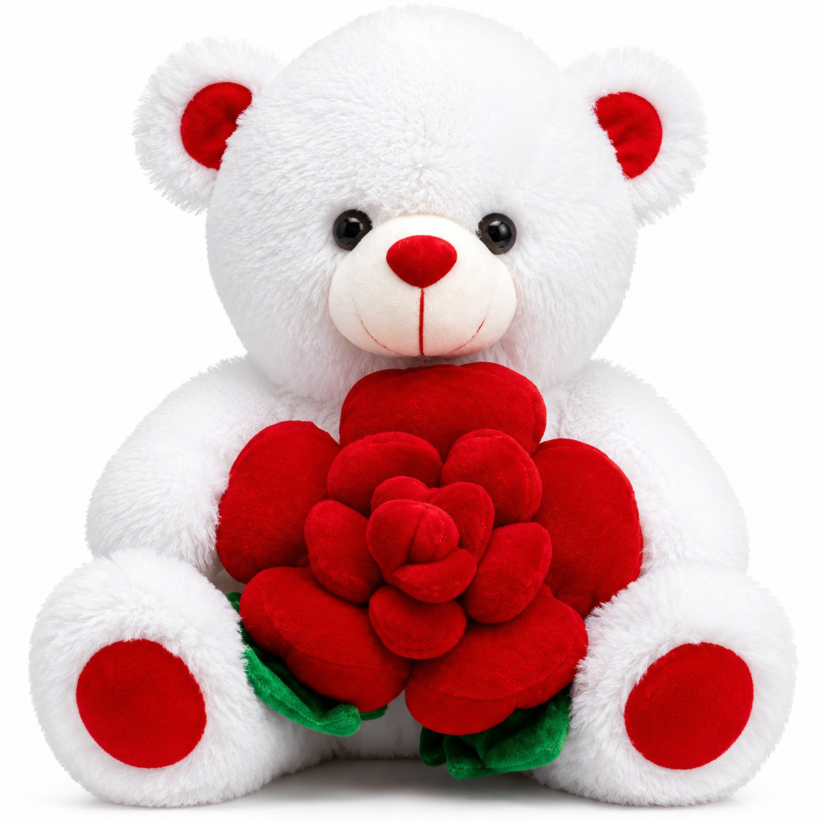 A white plush teddy bear holding a large red flower with green leaves, photographed against a plain white background.