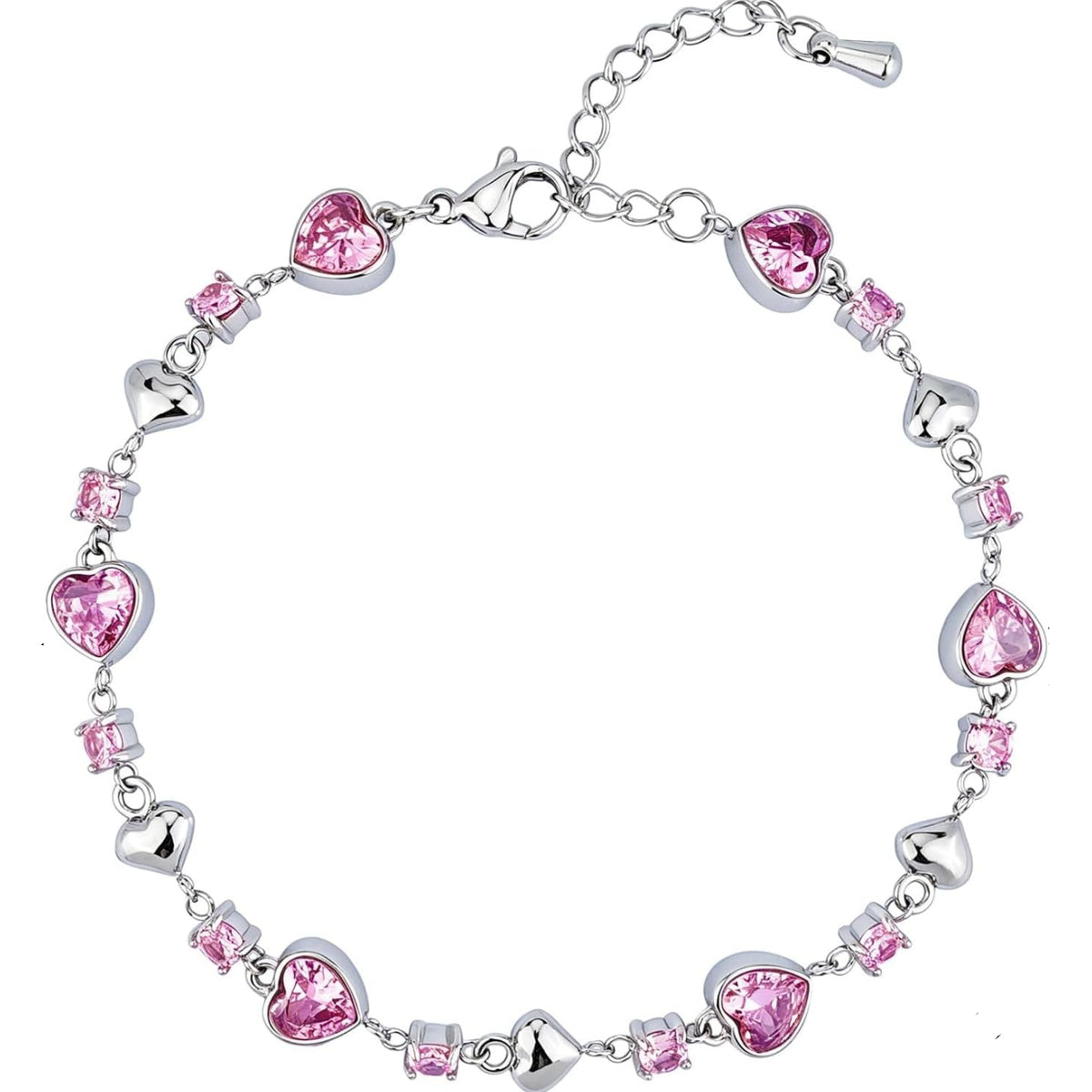 A silver-tone chain bracelet decorated with heart-shaped pink crystals and small square pink crystals, shown on a plain white background.