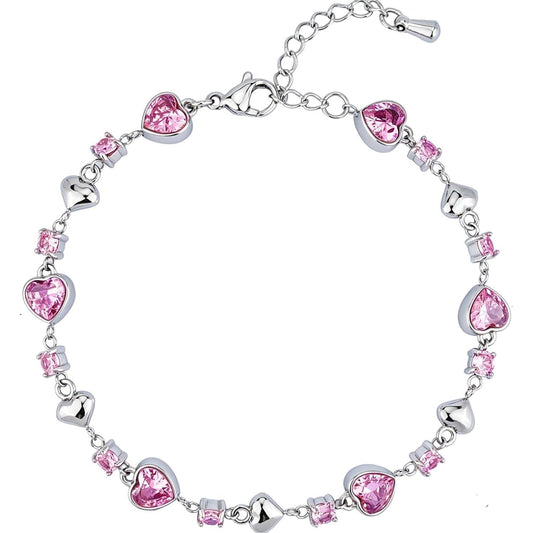 A silver-tone chain bracelet decorated with heart-shaped pink crystals and small square pink crystals, shown on a plain white background.