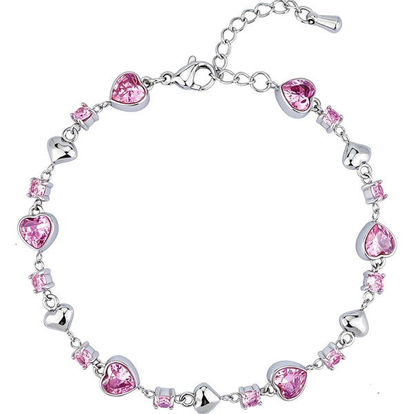 A silver-tone chain bracelet decorated with heart-shaped pink crystals and small square pink crystals, shown on a plain white background.