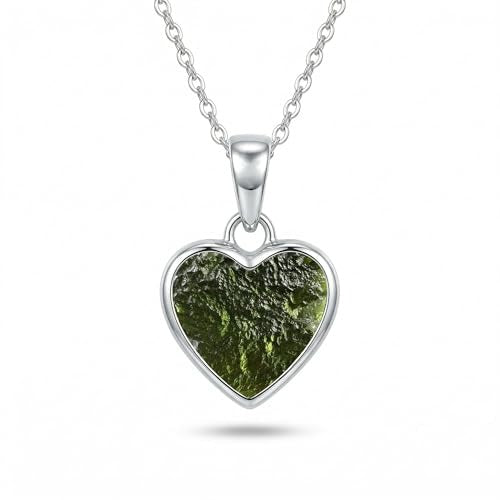 A sterling silver heart-shaped pendant necklace featuring a raw, textured green gemstone, shown on a clean white background with a soft shadow.