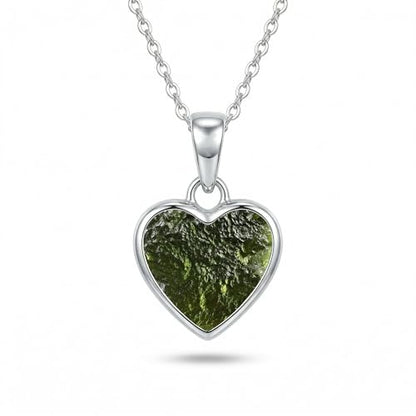 A sterling silver heart-shaped pendant necklace featuring a raw, textured green gemstone, shown on a clean white background with a soft shadow.