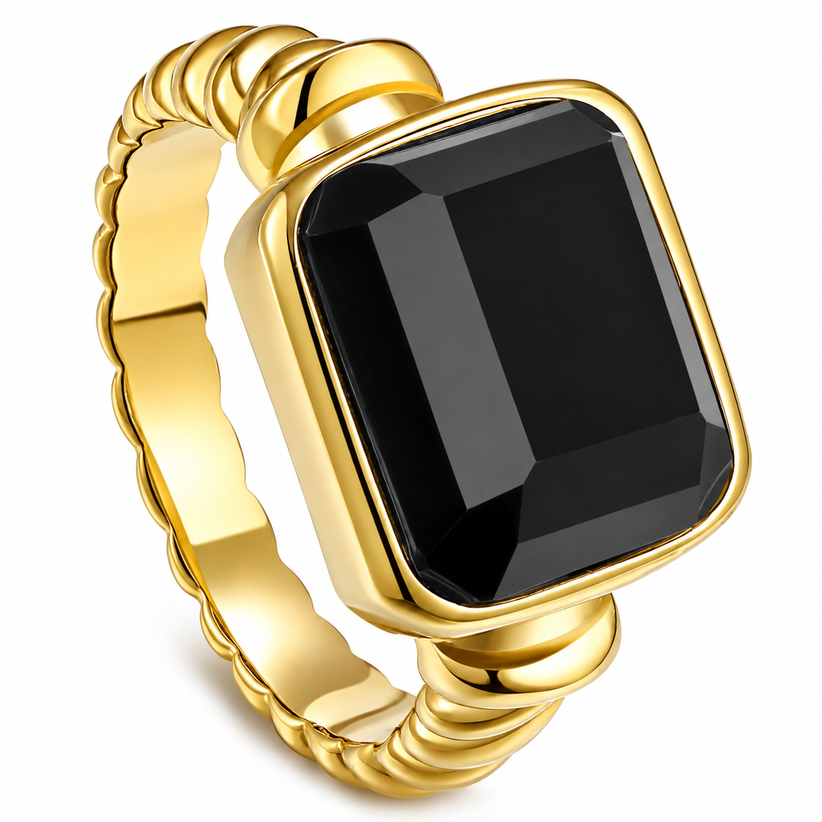 A gold-plated ring with a large, rectangular, faceted black gemstone, shown on a clean white background.