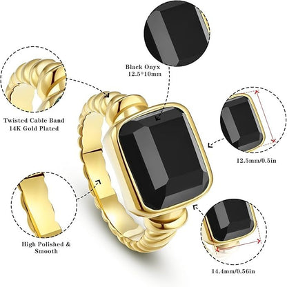 Gold-plated smartwatch band with a rectangular black crystal face, shown with callout circles and text highlighting features such as twisted cable band, 14K gold plating, polished finish, and dimensions.